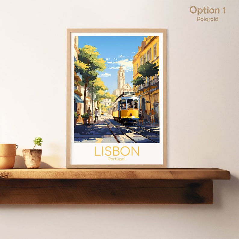 May include: Framed art print of Lisbon, Portugal, featuring a yellow tram on tracks, buildings, and people on a sunny day. The print has the text "LISBON Portugal" in gold letters.