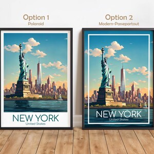 May include: Two framed wall art prints of the Statue of Liberty and the New York City skyline. Option 1 features a white border, while Option 2 includes a white passepartout frame. Both prints display the text NEW YORK United States at the bottom.