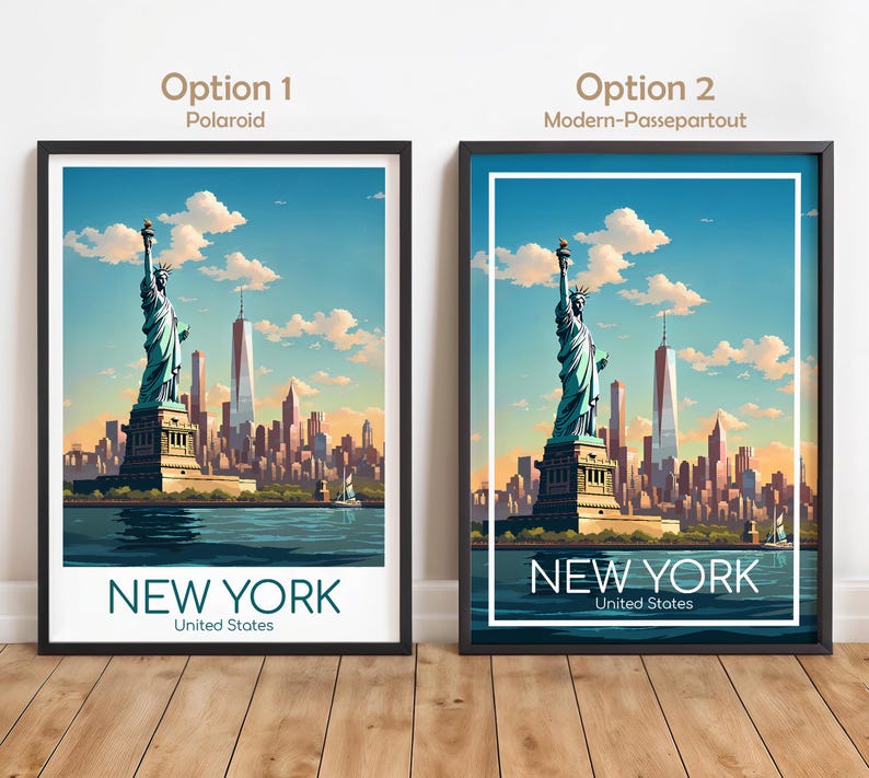May include: Two framed wall art prints of the Statue of Liberty and the New York City skyline. Option 1 features a white border, while Option 2 includes a white passepartout frame. Both prints display the text NEW YORK United States at the bottom.