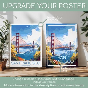 May include: Two framed posters featuring the Golden Gate Bridge in San Francisco. The posters have a vibrant color palette with the bridge in red, the water in blue, and the sky in a mix of blue and white. The text "SAN FRANCISCO" is displayed.