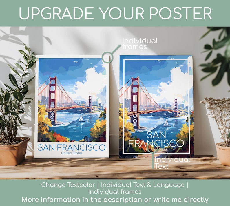 May include: Two framed posters featuring the Golden Gate Bridge in San Francisco. The posters have a vibrant color palette with the bridge in red, the water in blue, and the sky in a mix of blue and white. The text "SAN FRANCISCO" is displayed.