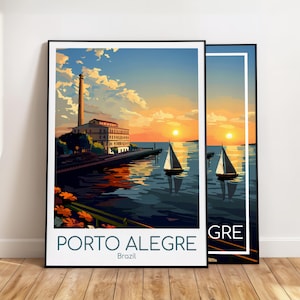 以下が含まれることがあります： ポルトアレグレ、ブラジルでの夕焼けを描いた2つの額入りアートプリント。プリントには、高い煙突のある建物、水上のヨット、テキスト「PORTO ALEGRE」と「Brazil」が描かれています。空は青、オレンジ、黄色の混合です。