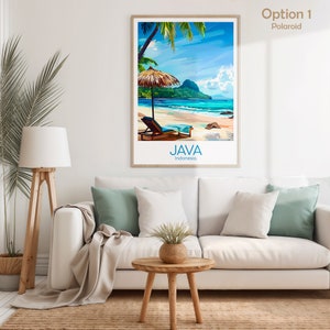 Pode incluir: Uma ilustra&ccedil;&atilde;o colorida de uma cena de praia tropical com uma palmeira, uma cadeira de praia e uma montanha ao fundo. O texto "JAVA Indon&eacute;sia" est&aacute; na parte inferior da imagem.