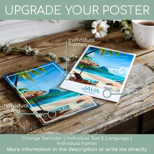 Pode incluir: Duas vers&otilde;es de um cartaz de viagem que apresenta uma cena de praia com palmeiras, um guarda-sol de praia e o texto "JAVA Indon&eacute;sia". O cartaz est&aacute; dispon&iacute;vel para personaliza&ccedil;&atilde;o com texto individual, molduras e cor do texto.