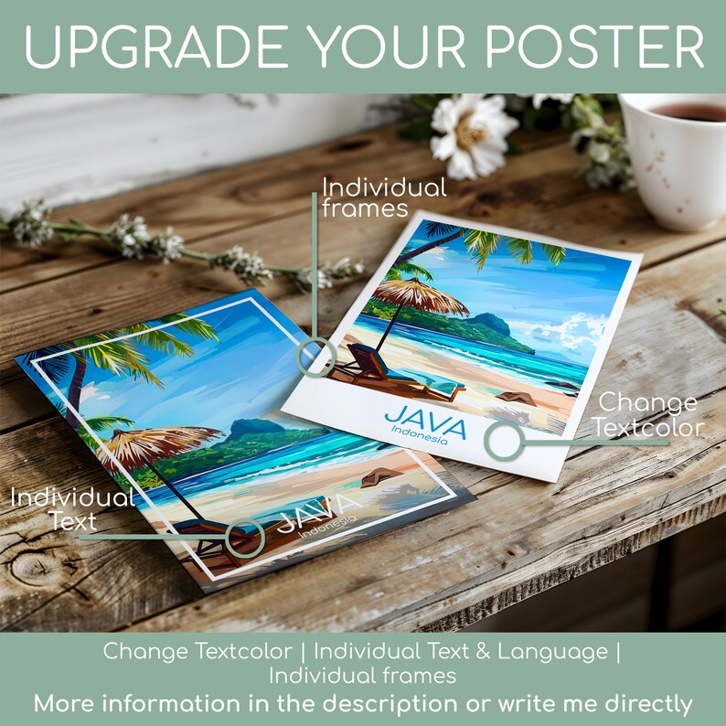 Pode incluir: Duas vers&otilde;es de um cartaz de viagem que apresenta uma cena de praia com palmeiras, um guarda-sol de praia e o texto "JAVA Indon&eacute;sia". O cartaz est&aacute; dispon&iacute;vel para personaliza&ccedil;&atilde;o com texto individual, molduras e cor do texto.