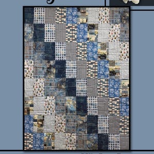 May include: A patchwork quilt with a variety of blue, gray, and white patterned squares. The quilt features floral, grid, and abstract designs. The words "Lady Banks" and "Villa Rosa Designs" are displayed on the image.