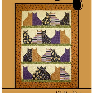 May include: A patchwork quilt titled "Cat City" featuring rows of stylized cat silhouettes in various patterns and colors, including purple, brown, and black. The quilt has a decorative border and the text "Villa Rosa Designs". A black cat illustration is in the upper right corner.