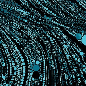 Puede incluir: Arte digital abstracto con un fondo negro y un patrón de círculos turquesas de varios tamaños. Los círculos están dispuestos en líneas diagonales, creando una sensación de movimiento y profundidad. El efecto general es moderno y gráfico.