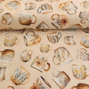 Coffee Time Kollektion Stoff - Aquarell Tassen Druck, Baumwollstoff viertel Meter
