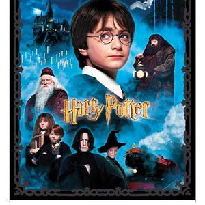 Puede incluir: Un póster de la serie de películas de Harry Potter. La imagen muestra a Harry Potter y otros personajes, incluyendo a Hagrid, Dumbledore y Snape, sobre un fondo azul. El panel mide aproximadamente 91 cm x 112 cm.