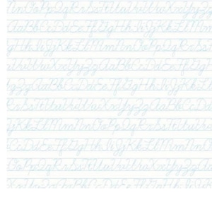 May include: A white sheet of paper featuring rows of light blue cursive alphabet letters. The text displays both uppercase and lowercase letters in a repeating pattern, organised on horizontal lines to demonstrate proper handwriting script.