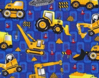 Building 101 blue and yellow child construction equipment  material fabric Sold by Quarter Yard