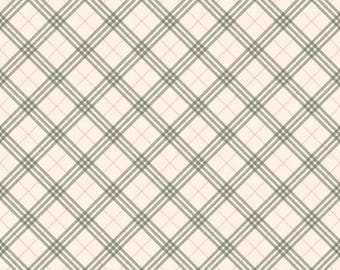 Plaid pattern sage green and cream colored  fabric. Coffee Time Collection  Cotton Fabric - Riley Blake sold by the quarter yard