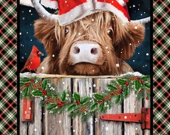 Highland Kuh und Kardinal Weihnachtsstoff Panel 24"Highland Heart von Northcott