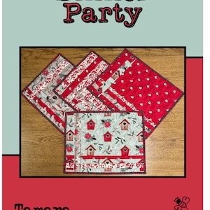 May include: A collection of four square placemats featuring diverse designs, such as red polka dots, stripes, and birdhouses. The words "Dinner Party" are displayed at the top, with "Tamara Cook for Villa Rosa Designs" at the bottom.