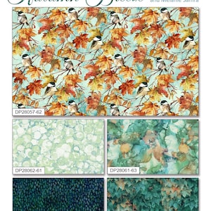 Op de afbeelding: Een stoffen ontwerp getiteld "Autumn Breeze" door Deborah Edwards en Melanie Samra. Het ontwerp toont een herhalend patroon van vogels, herfstbladeren en takken op een lichtblauwe achtergrond. Extra stofstalen worden getoond.