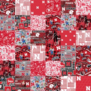 Nebraska Cornhuskers Cheater Quilt Fabric (58”) wide  and coordinating collegiate red and charcoal blenders (44” wide)