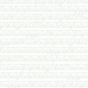 May include: A seamless pattern featuring light blue cursive handwriting on a white background with horizontal lines. The script includes uppercase and lowercase letters, creating a classic, educational aesthetic. The design is suitable for stationery or fabric.