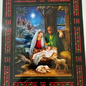 May include: A rectangular print featuring a nativity scene with a central figure in a blue head covering and red garment, a figure in a green robe, and an infant in a white cloth. Animals include a donkey, a lamb, and a cow, with camels in the distance.