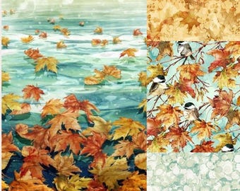 Autumn Breeze Fabric Collection: Watercolor Birds & Leaves - Northcott Fabrics