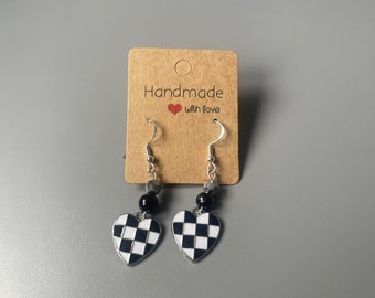 Handmade Black & White Checkered Heart Earrings