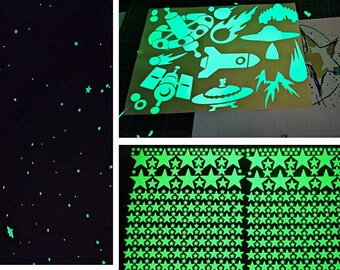 Glow in The Dark Stars, Flying Saucers,Rockets ,Space Station , Comets, Galaxy Ceiling Mural for Nursery, Playroom, Bedroom ,Chill Out Space