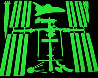 Glow in the Dark International Space Station Peel and Stick Ceiling and Wall Decal, Saturn V, Space Shuttle , Sputnik, Gift for all ages