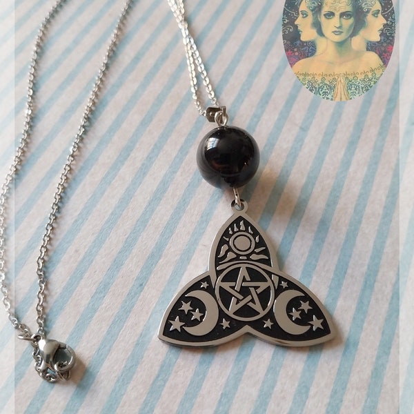 Collier pendentif "triple lunes", obsidienne, acier inoxydable, lithothérapie, ésotérisme, reiki, énergies, pierres, wicca, cadeau, sorcière