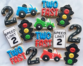 2 Fast Birthday Cookies, Race car Birthday, Growing two fast, Race Car Cookies, Speed Limit Cookies, Car Racing, Speed Limit, Two Fast