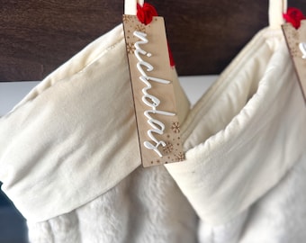 Snow Flake Wood Christmas Stocking Tags, Name Christmas Stocking Tags, Stockings, Tags, Personalized Tags