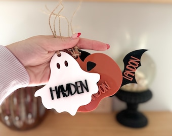 Personalized Halloween Basket Tag, Acrylic Ghost, Pumpkin, Bat
