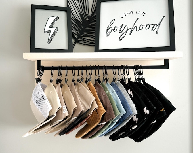 Featured listing image: Hanging Hat Rack Shelf: Aspen Wood, Metal Hanger, Boys Room Decor