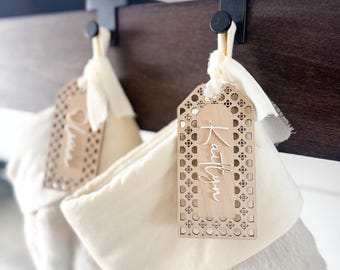 Personalized Rattan Style Wood Christmas Stocking Tags, Acrylic Name