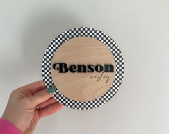 Checkered Baby Announcement Name Sign, Acrylic & Birch Wood Photo Prop
