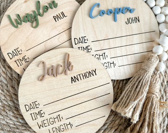 Wooden Baby Announcement Sign: 3D Acrylic Name, Birth Stats