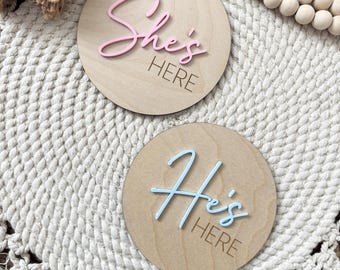 Baby Newborn Announcement Sign, She's Here Sign, He's Here Sign, Baby Sign, Baby Prop, Photography Prop, Newborn Baby Prop Sign