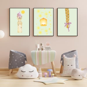 Tangled, Rapunzel, Princess Wall Art Prints, Children&#39;s Room, Castle, Hair, Coquette, Braid, Watercolor, Playroom, Pascal, Digital Download