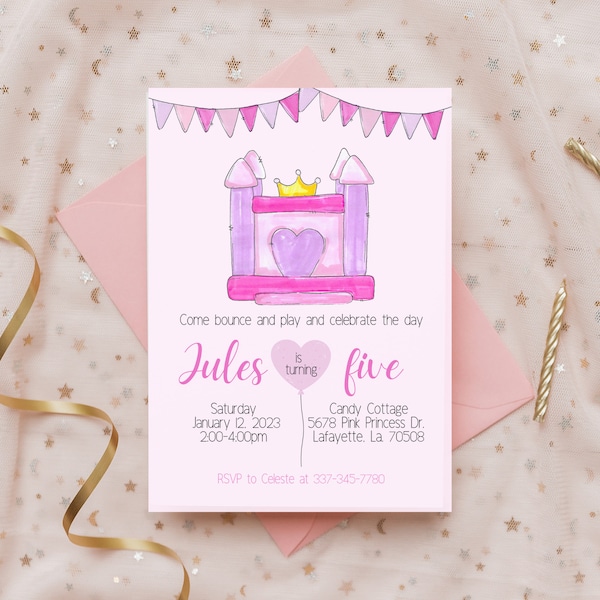 Invito per castello gonfiabile rosa per bambine, festa a tema salto, castello gonfiabile principessa, invito stampabile, modello modificabile, download immediato, invito elettronico
