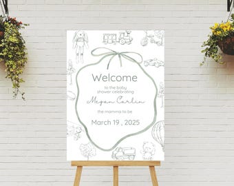 Modello modificabile per cartello di benvenuto per baby shower per maschietto, decorazioni per baby shower in stile Toile de Jouy verde, cartello in stile Chinoiserie verde oliva, cartello 18 x 24