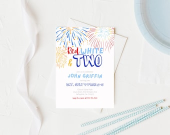 Invitation d'anniversaire rouge blanc et deux, invitation d'anniversaire du 4 juillet, invitation patriotique modifiable, modèle d'invitation imprimable pour enfants