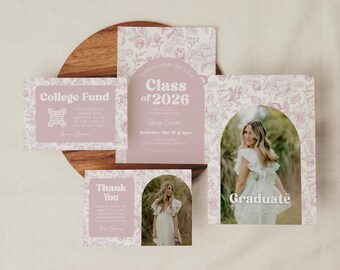 Pink Toile Graduation Invitation Bundle Template, Editable Canva Grad Party Suite, Class of 2026 Photo Announcement Set