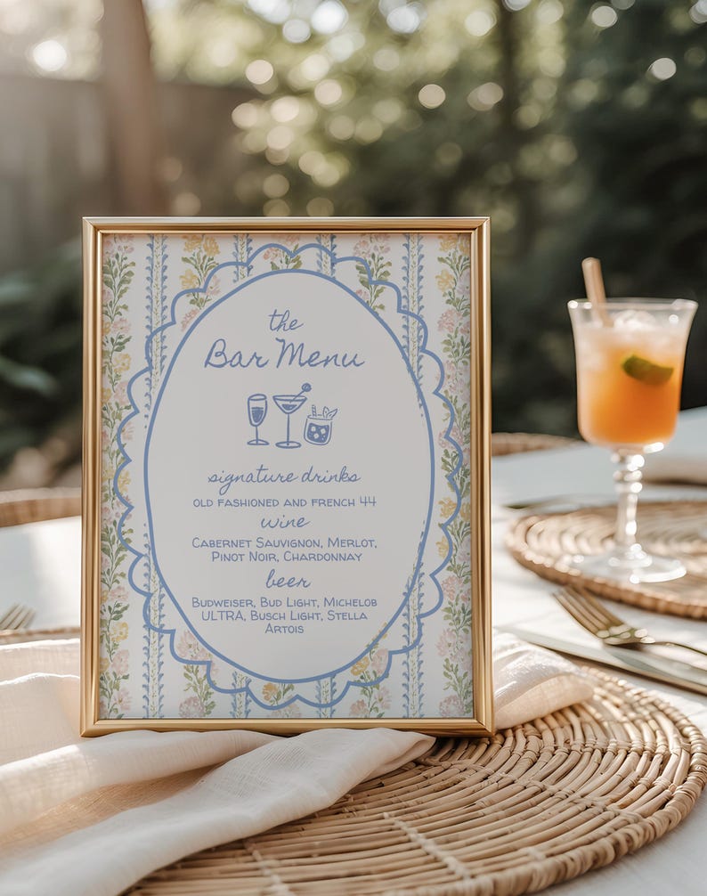 Vintage Floral Wedding Bar Menu Template 8x10 Editable in Canva | Blue ...