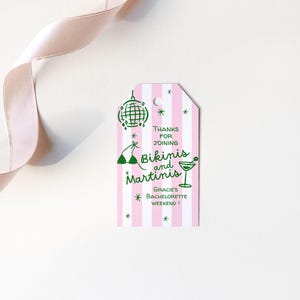 Etiqueta de regalo para despedida de soltera con martinis y bikinis, etiquetas imprimibles a juego para recuerdos de despedida de soltera, temática de martini rosa y verde, etiqueta descargable
