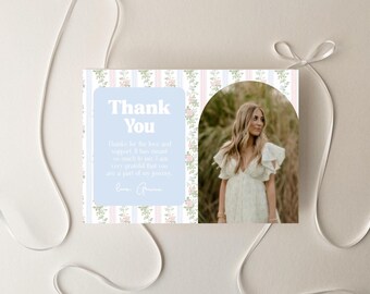 Floral Stripe Graduation Thank You Card Template, Editable Canva Grad Thank You, Class of 2025 Photo Thank You Card