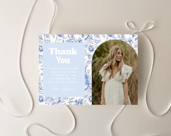 Blue Toile Graduation Thank You Card Template, Editable Canva Grad Thank You, Class of 2026 Photo Thank You Card