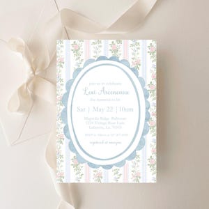 Invitación vintage para baby shower de niña, invitación floral editable, baby shower azul y rosa, invitación floral rosa, Grandmillienal, descarga instantánea