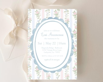 Girls Vintage Baby Shower Invitation, Editable Floral Invite, Blue and Pink Shower, Pink Floral Invitation, Grandmillienal, Instant Download