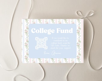 Floral Stripe Graduation QR Code Card Template, Editable Canva College Fund Insert, Class of 2026 Grad Registry Card