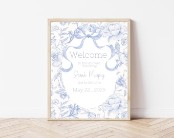 Blue Floral Chinoiserie bridal shower welcome sign, Something blue before I do bridal shower, Downloadable bridal shower sign, Blue Bow Sign