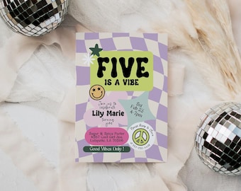 Invitación de cumpleaños editable "Five Is a Vibe", invitación imprimible para el quinto cumpleaños de niña, fiesta de cumpleaños retro a cuadros